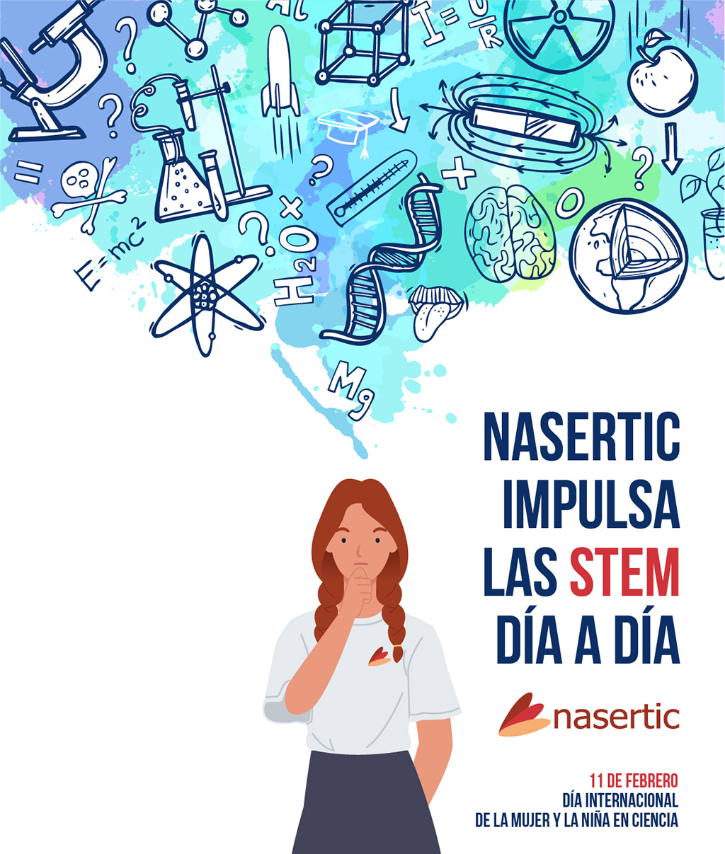 Cartel del día internacional de la mujer y la niña en la ciencia creado por NASERTIC, donde se ve una chica de la cual le salen de la cabeza multitud de iconos científicos