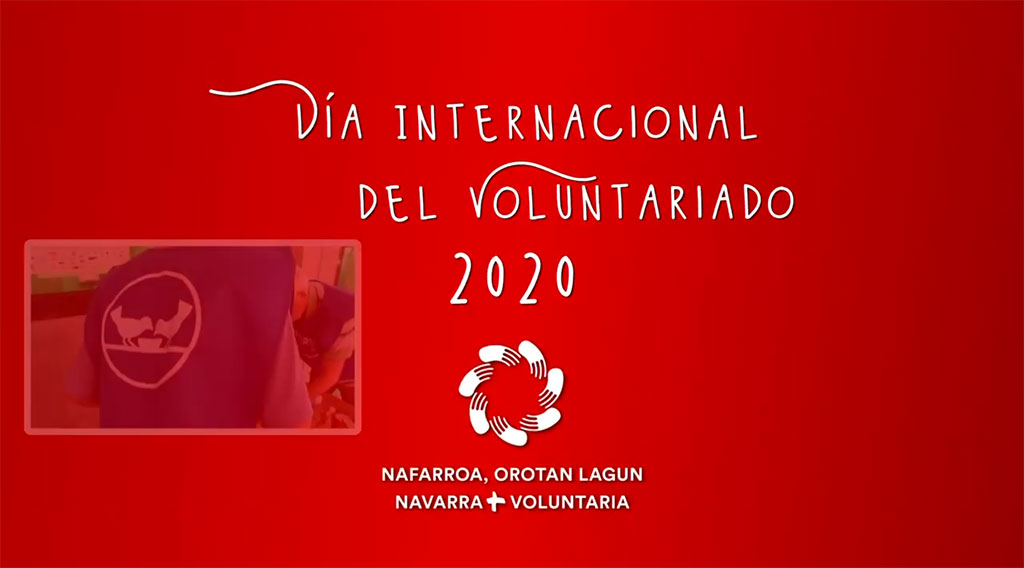 Imagen con fondo rojo donde se muestra el título "Día internacional del voluntariado 2020" y el logotipo de Navarra Más Voluntaria