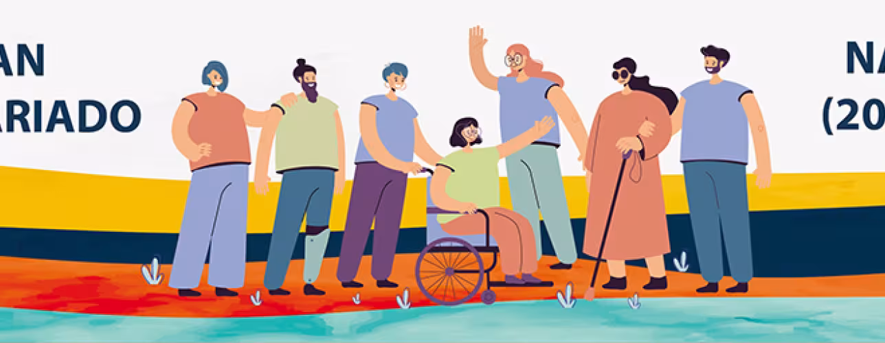 Dibujo con un grupo de personas con una minusvalía y personas voluntarias